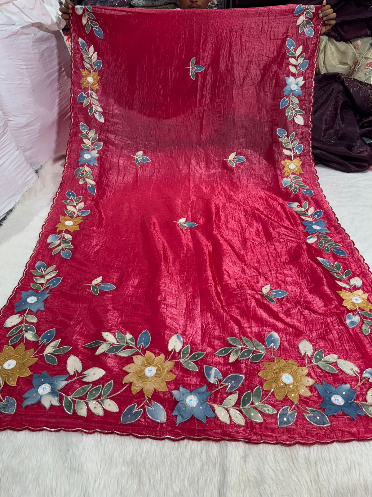 Pure Tissue Saree with Floral Patchwork 🌸 | Affordable Party Wear Saree with Blouse | Shagun Sarees & Zankhi Boutique