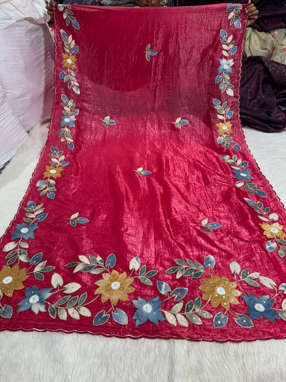 Pure Tissue Saree with Floral Patchwork 🌸 | Affordable Party Wear Saree with Blouse | Shagun Sarees & Zankhi Boutique