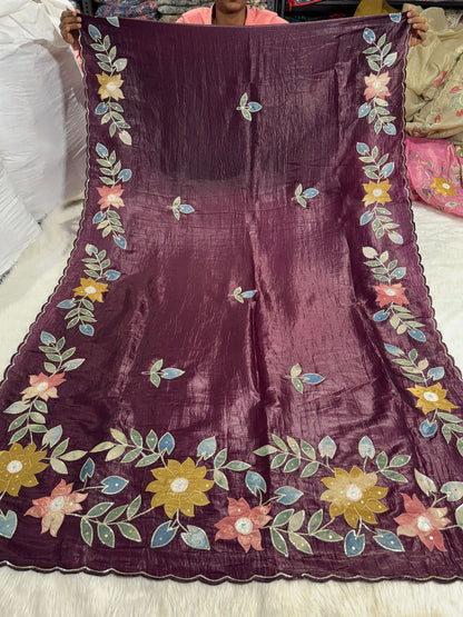 Pure Tissue Saree with Floral Patchwork 🌸 | Affordable Party Wear Saree with Blouse | Shagun Sarees & Zankhi Boutique