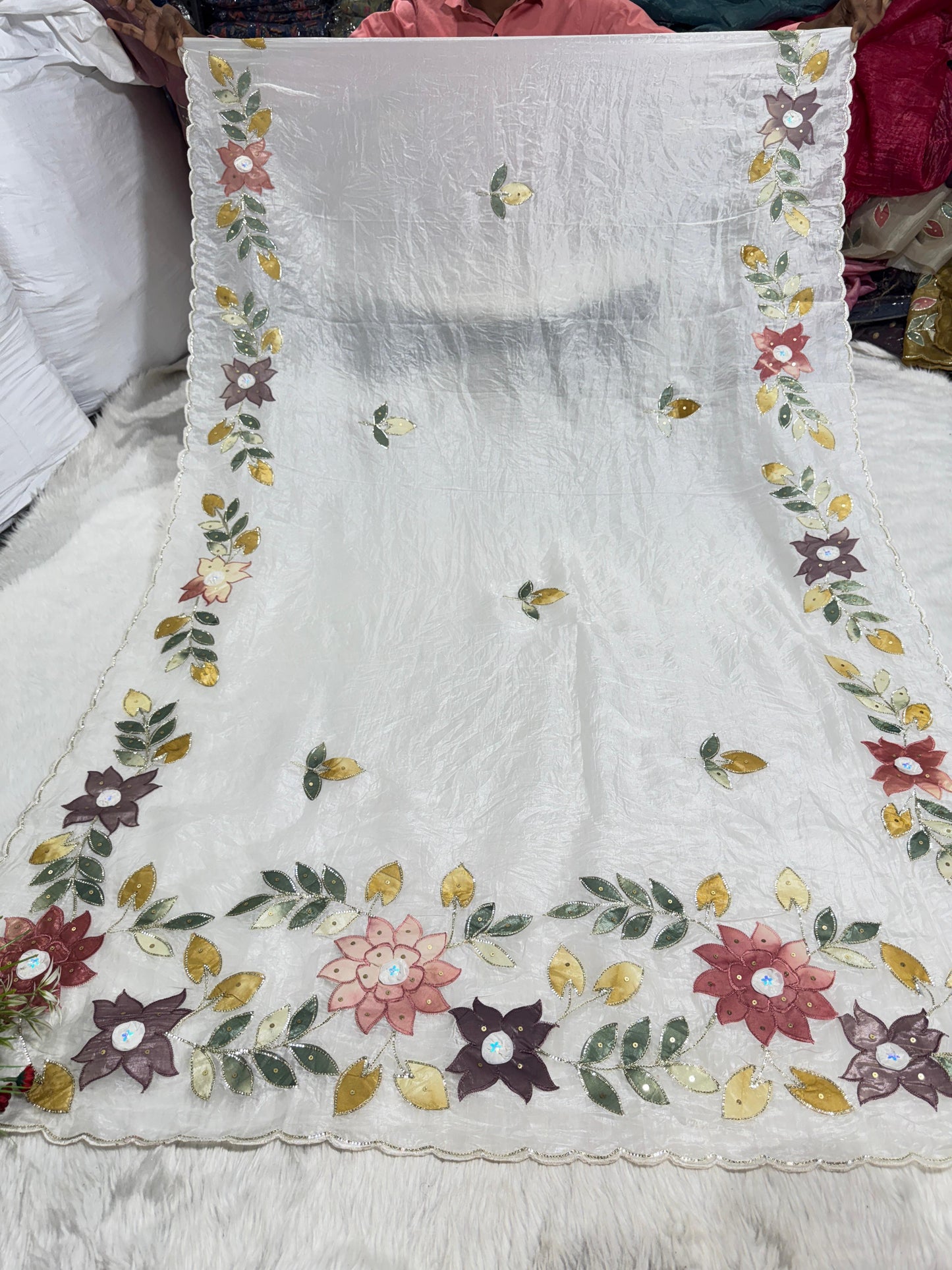 Pure Tissue Saree with Floral Patchwork 🌸 | Affordable Party Wear Saree with Blouse | Shagun Sarees & Zankhi Boutique