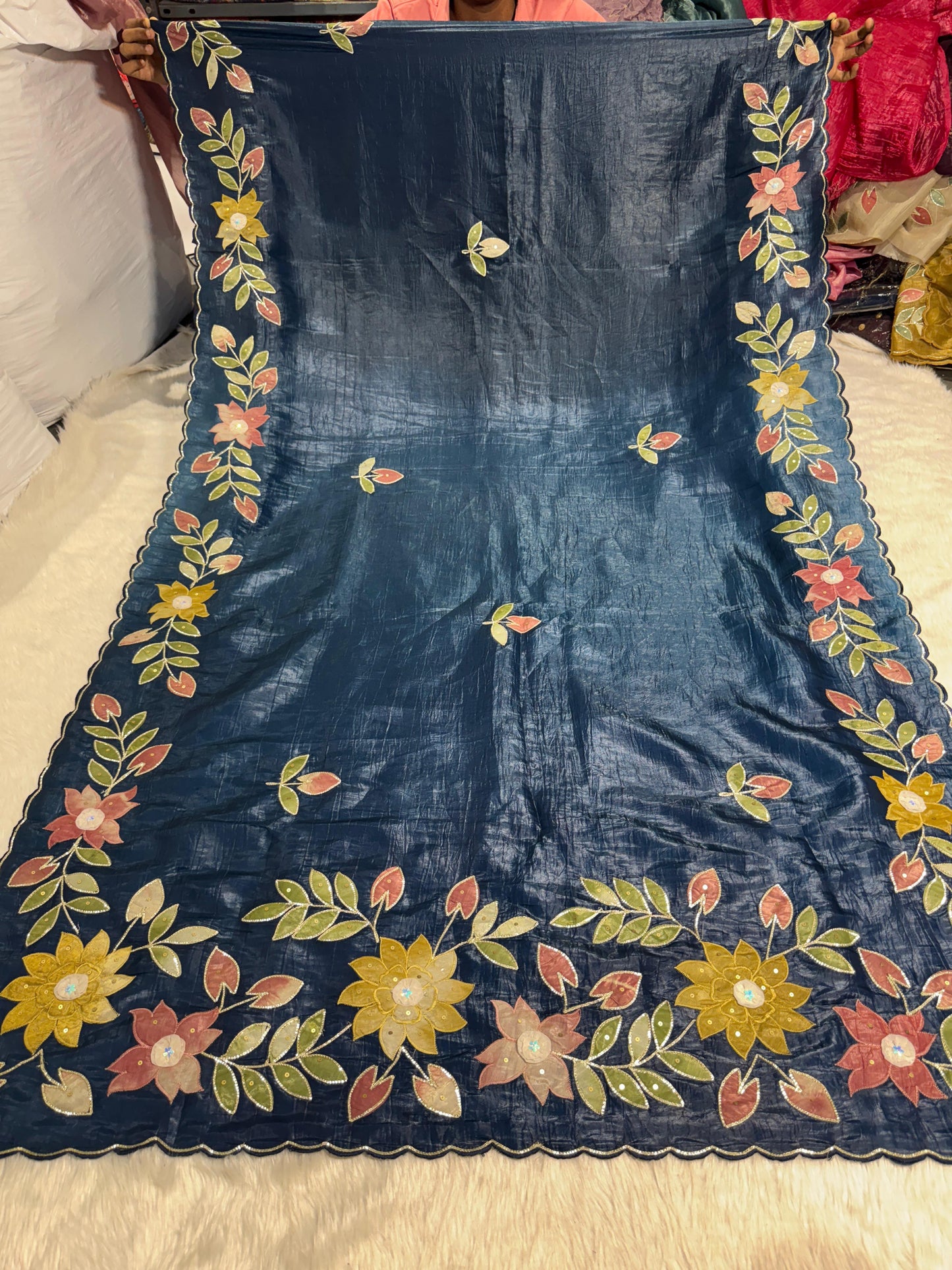 Pure Tissue Saree with Floral Patchwork 🌸 | Affordable Party Wear Saree with Blouse | Shagun Sarees & Zankhi Boutique