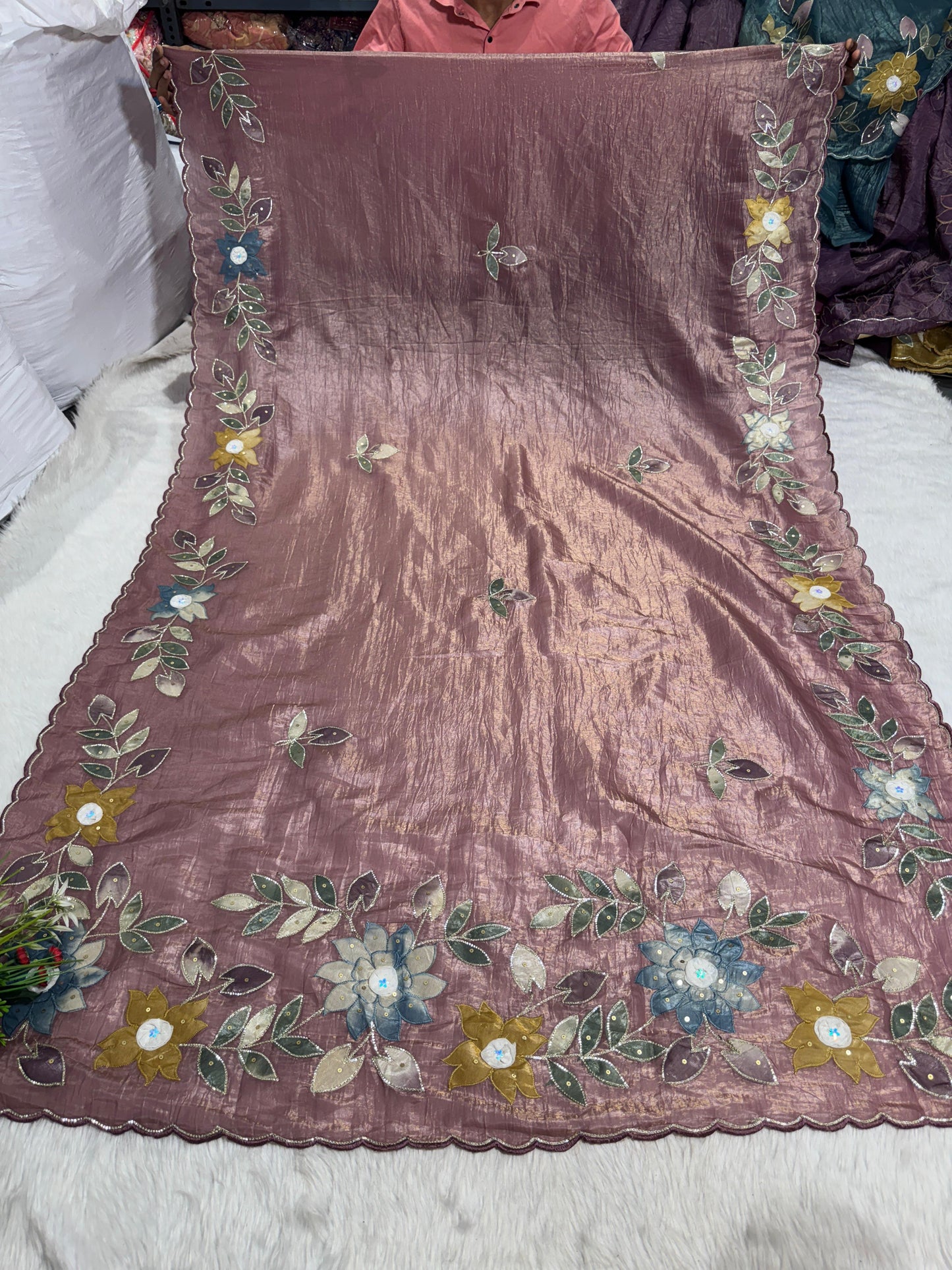 Pure Tissue Saree with Floral Patchwork 🌸 | Affordable Party Wear Saree with Blouse | Shagun Sarees & Zankhi Boutique