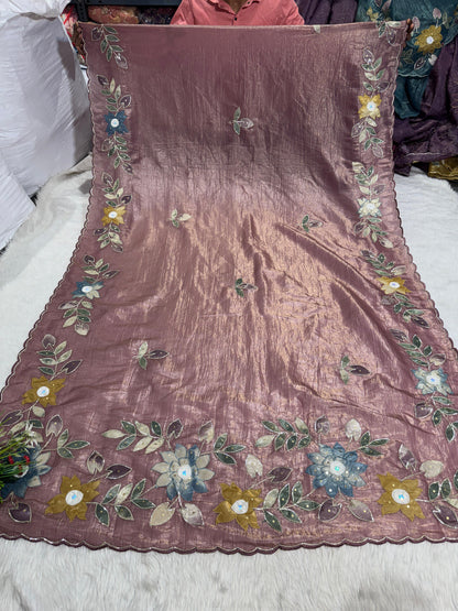 Pure Tissue Saree with Floral Patchwork 🌸 | Affordable Party Wear Saree with Blouse | Shagun Sarees & Zankhi Boutique