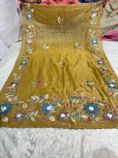 Pure Tissue Saree with Floral Patchwork 🌸 | Affordable Party Wear Saree with Blouse | Shagun Sarees & Zankhi Boutique