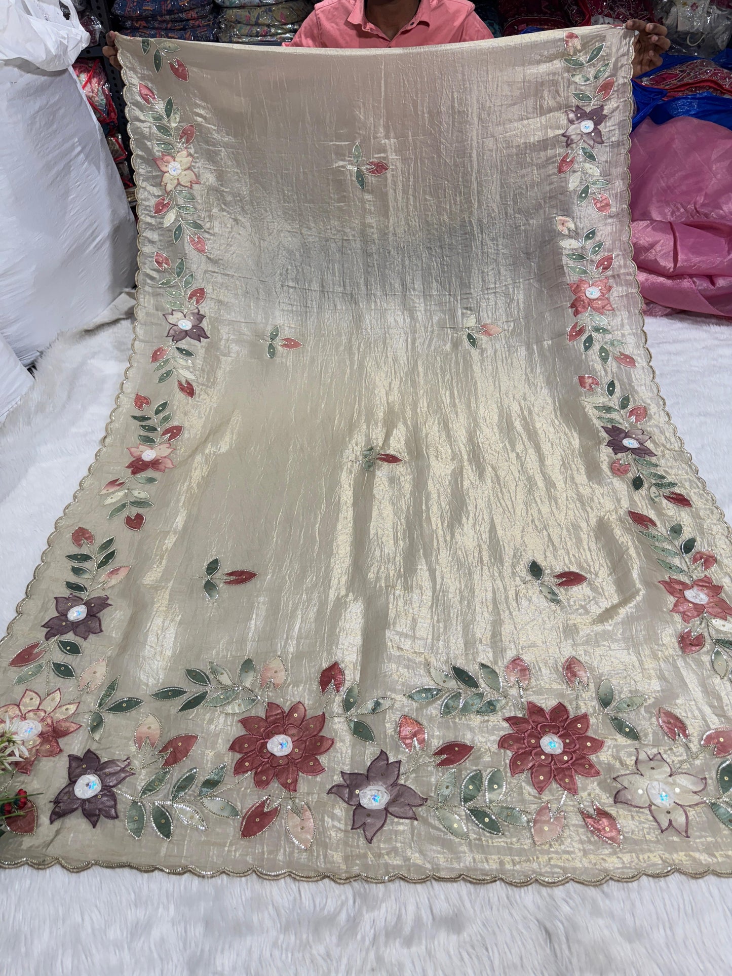 Pure Tissue Saree with Floral Patchwork 🌸 | Affordable Party Wear Saree with Blouse | Shagun Sarees & Zankhi Boutique