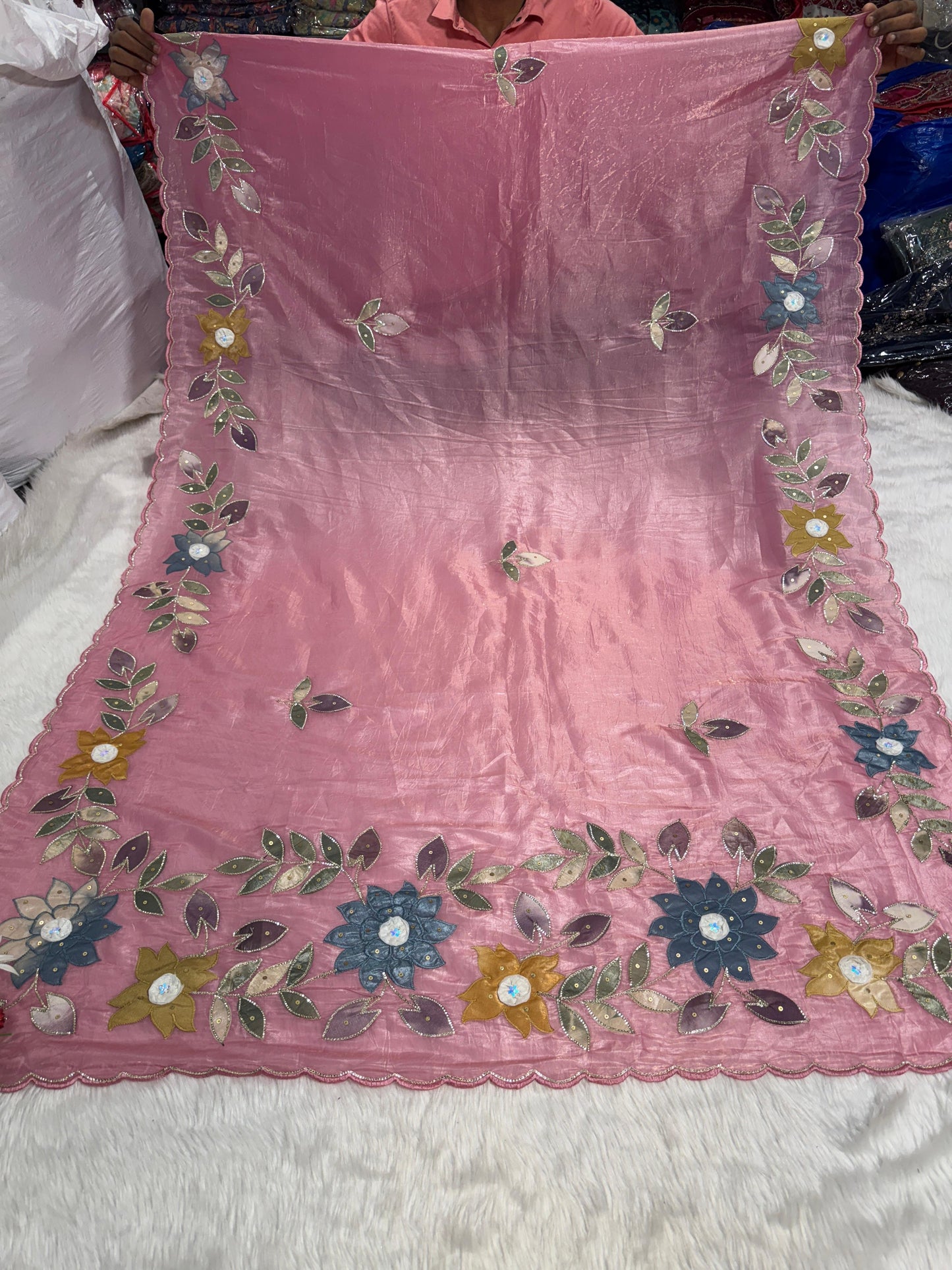 Pure Tissue Saree with Floral Patchwork 🌸 | Affordable Party Wear Saree with Blouse | Shagun Sarees & Zankhi Boutique