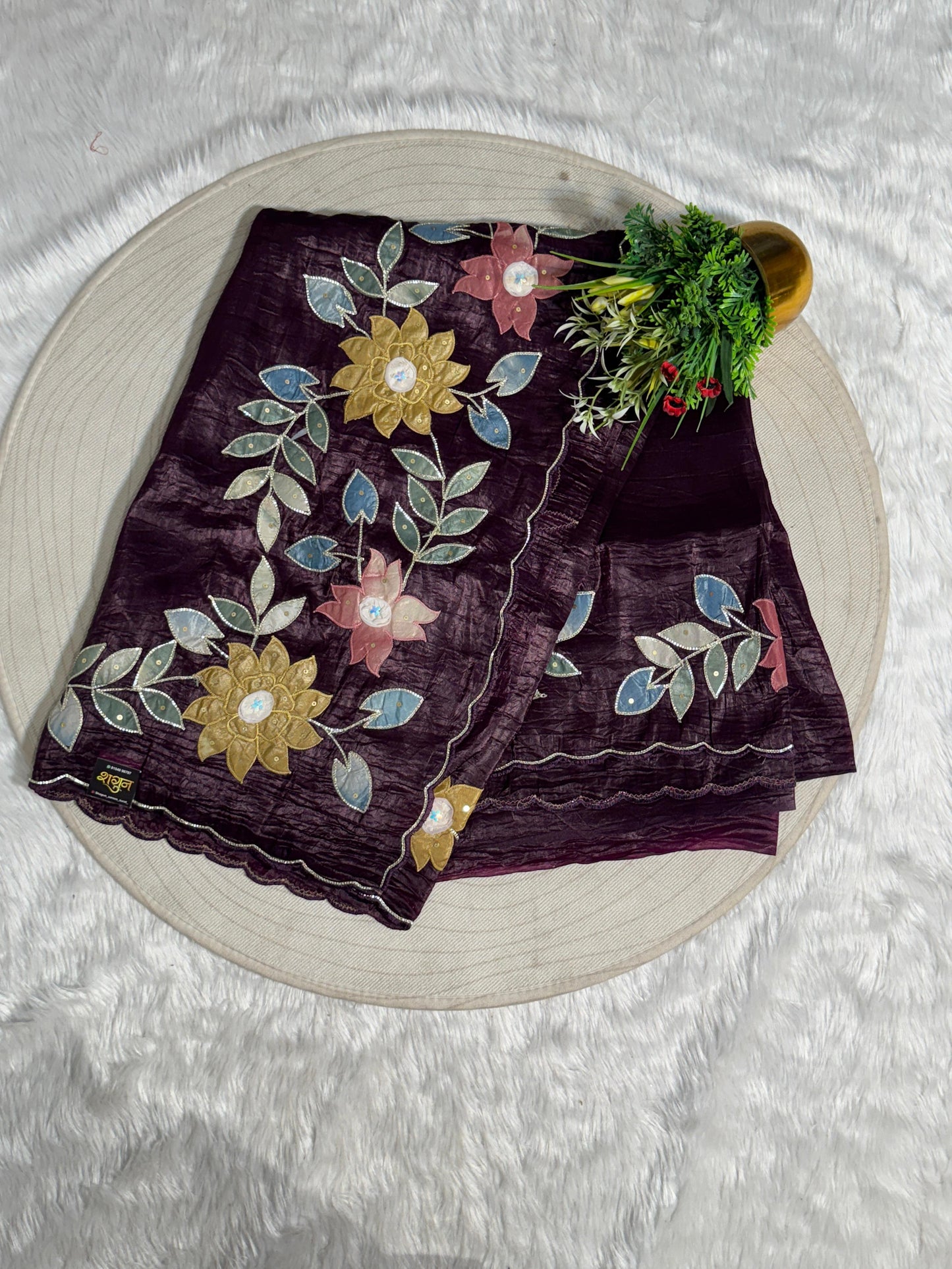 Pure Tissue Saree with Floral Patchwork 🌸 | Affordable Party Wear Saree with Blouse | Shagun Sarees & Zankhi Boutique