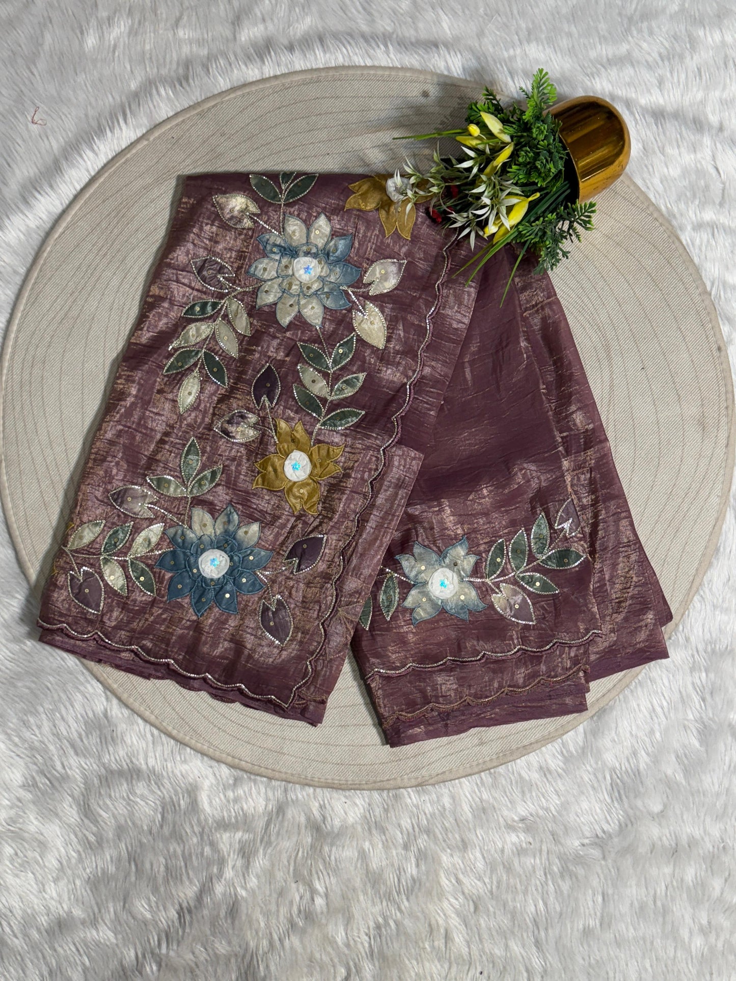 Pure Tissue Saree with Floral Patchwork 🌸 | Affordable Party Wear Saree with Blouse | Shagun Sarees & Zankhi Boutique