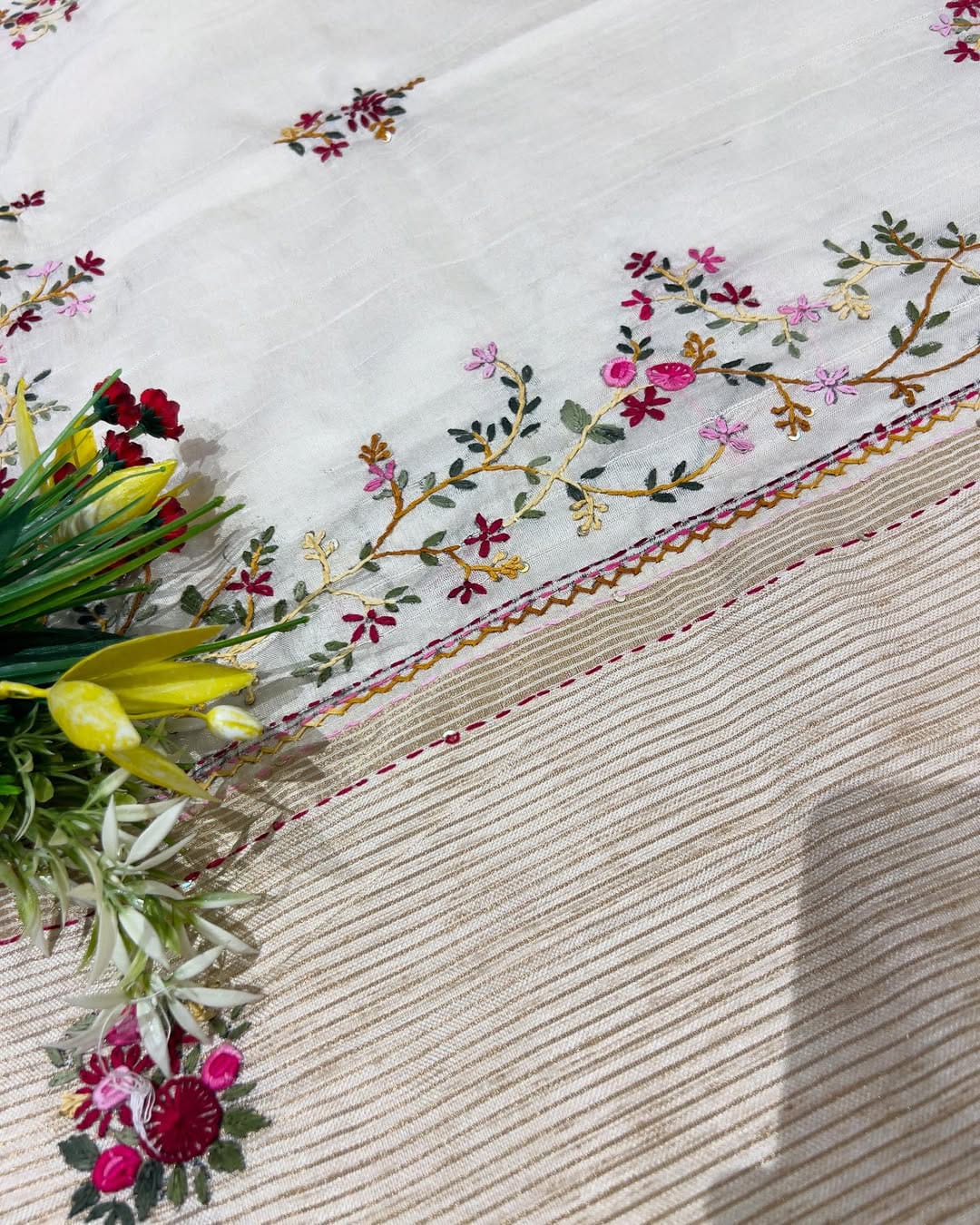 Elegant Cotton Embroidered Saree for Women 🌸 | Soft Beige Floral Thread Work | Daily & Festive Wear by Shagun Sarees