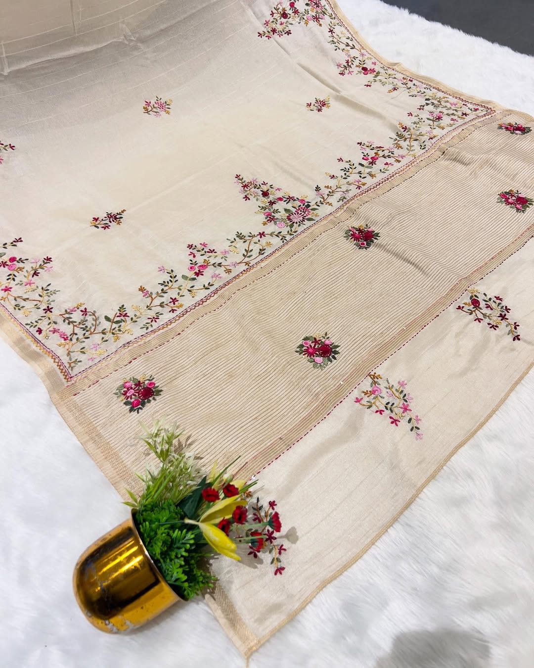 Elegant Cotton Embroidered Saree for Women 🌸 | Soft Beige Floral Thread Work | Daily & Festive Wear by Shagun Sarees