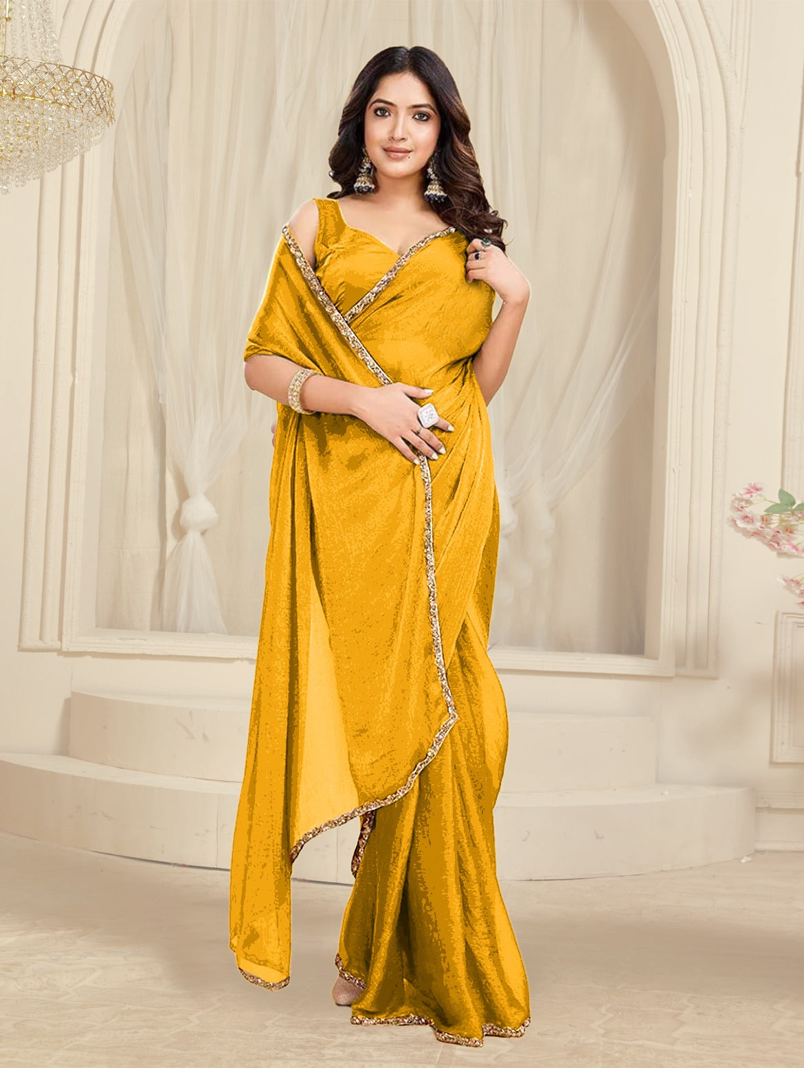 Bollywood Designer Saree with Heavy Lace Border 💃 | Soft Georgette Saree for Wedding & Party Wear | Shagun Fashion Exclusive | Unstiched Blouse