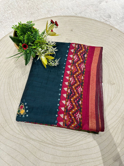 Elegant Mal Cotton Saree with Mirror Work & Ikat Border ✨ | Shagun Fashion Exclusive