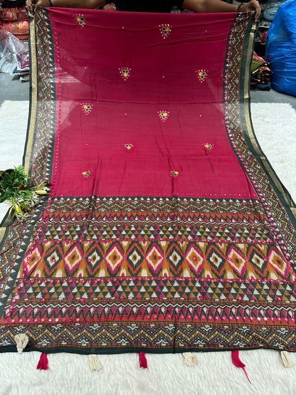 Elegant Mal Cotton Saree with Mirror Work & Ikat Border ✨ | Shagun Fashion Exclusive