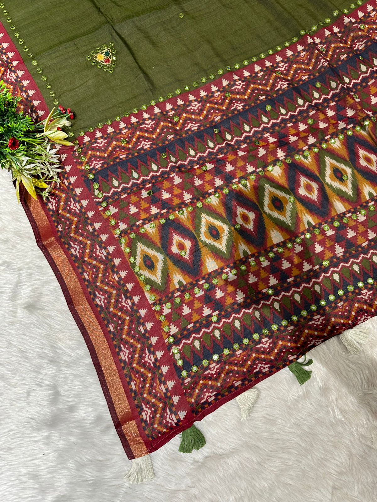 Elegant Mal Cotton Saree with Mirror Work & Ikat Border ✨ | Shagun Fashion Exclusive