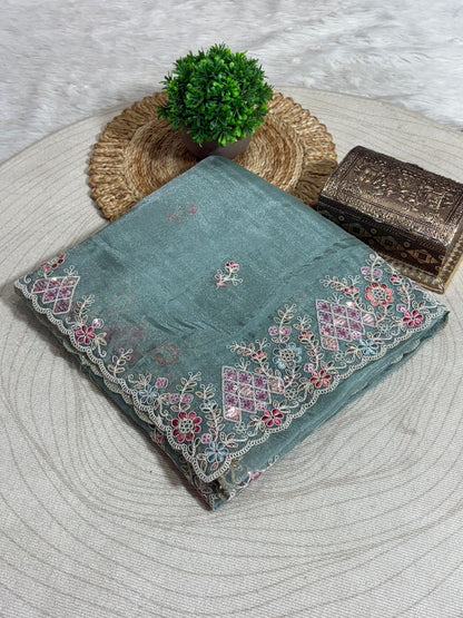 Elegant Organza Saree with Floral Zari Embroidery