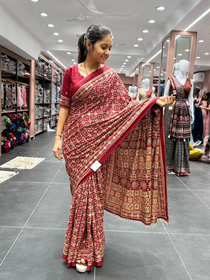 Elegant Ajrakh Print Cotton Saree in Maroon – Traditional Ethnic Wear