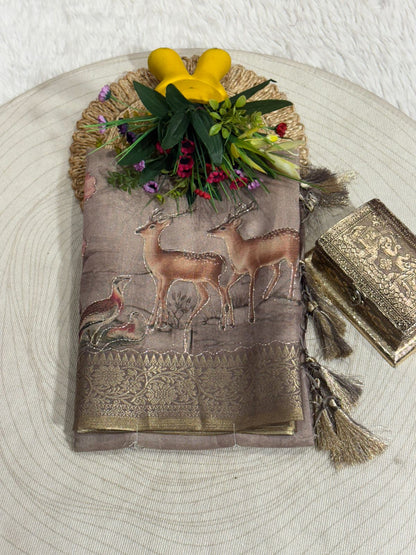 Tissue Silk Saree with Deer & Floral Embroidery