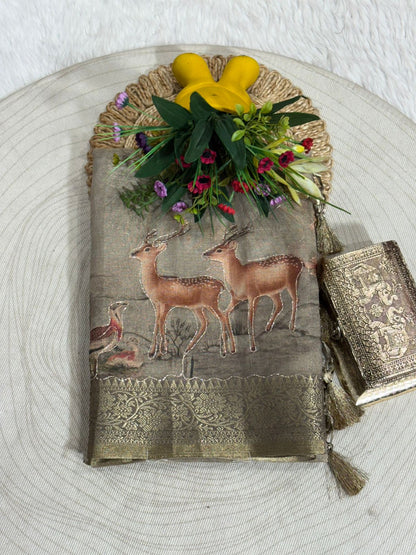 Tissue Silk Saree with Deer & Floral Embroidery
