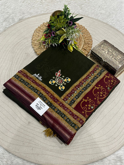 Embroidered Saree with Floral Pallu & Tassels