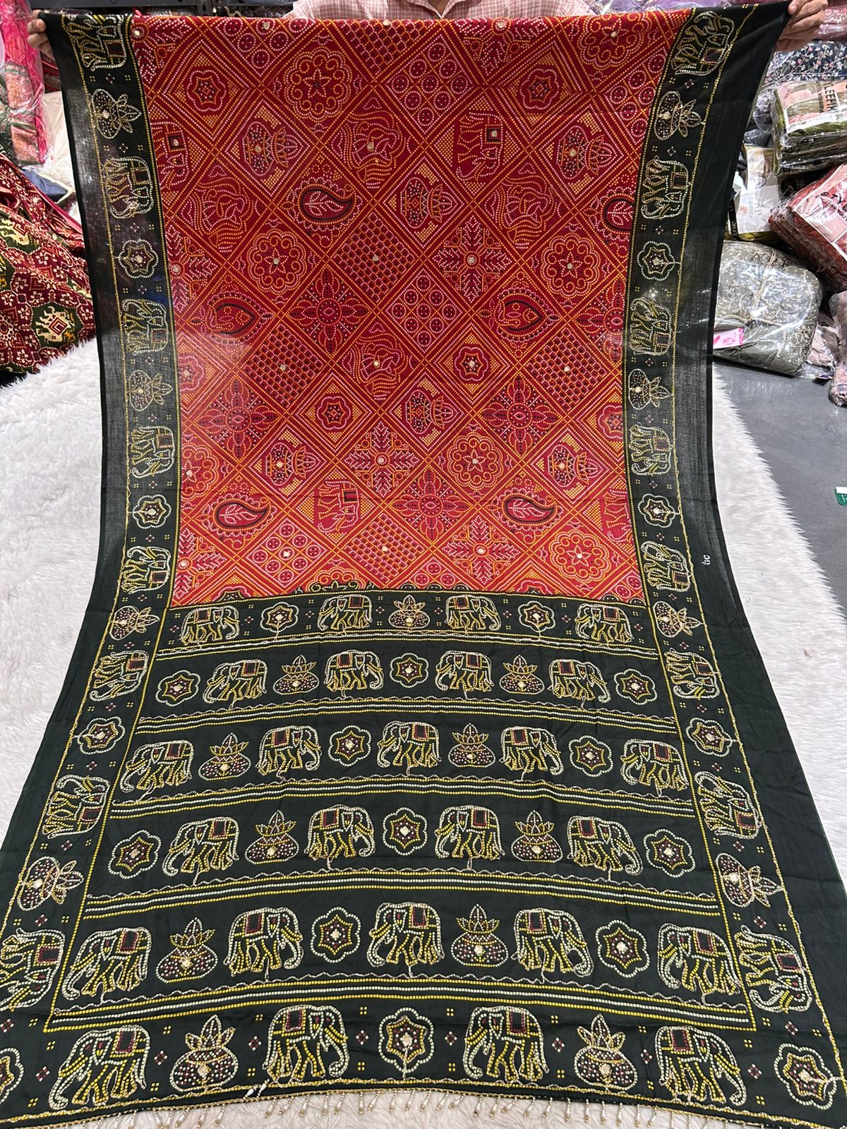 Gharchola Bandhani Saree with Elephant & Kalash Motifs