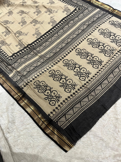 Black & Handloom Saree with Elephant & Floral Print