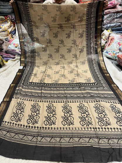 Black & Handloom Saree with Elephant & Floral Print