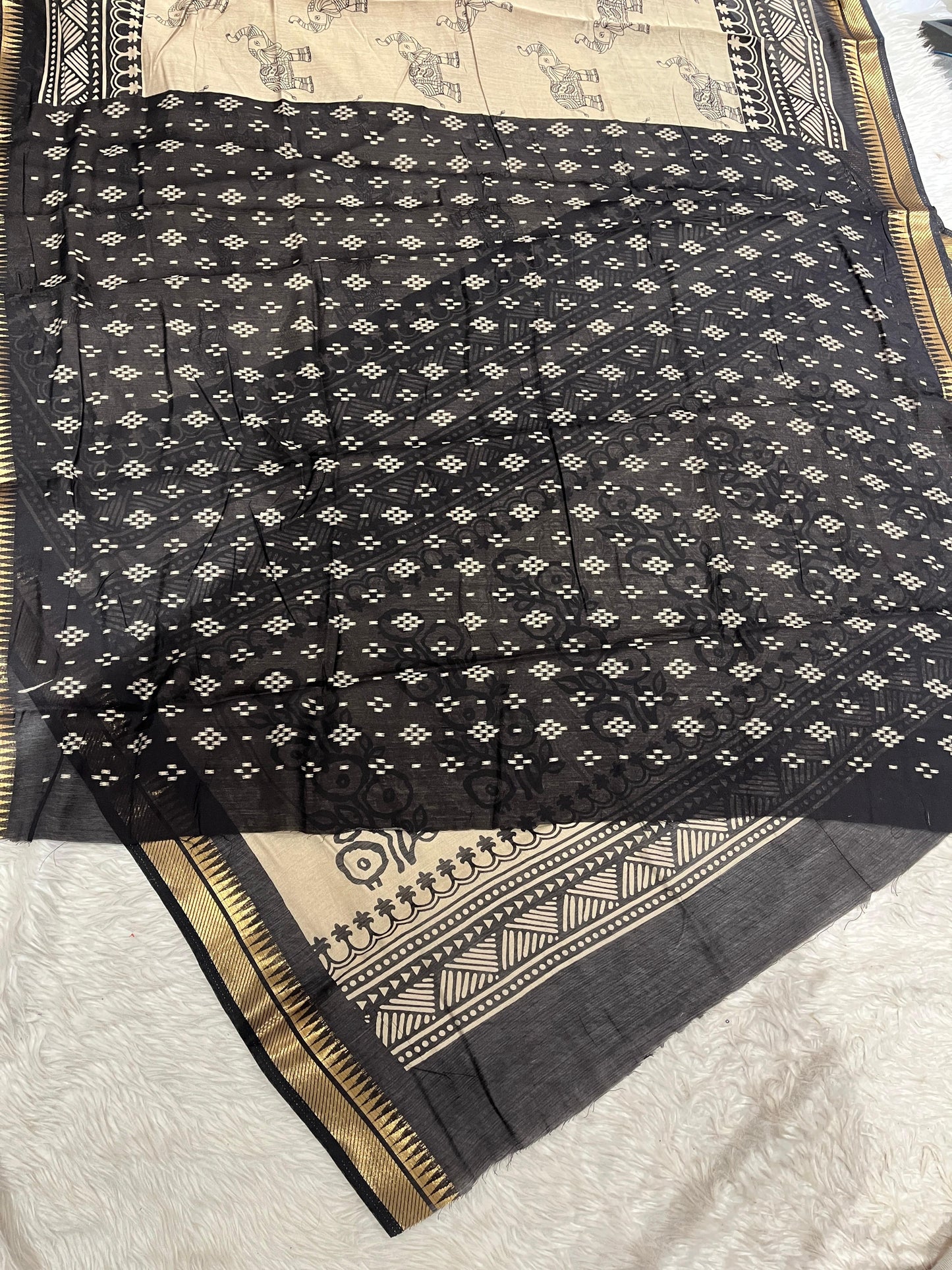 Black & Handloom Saree with Elephant & Floral Print