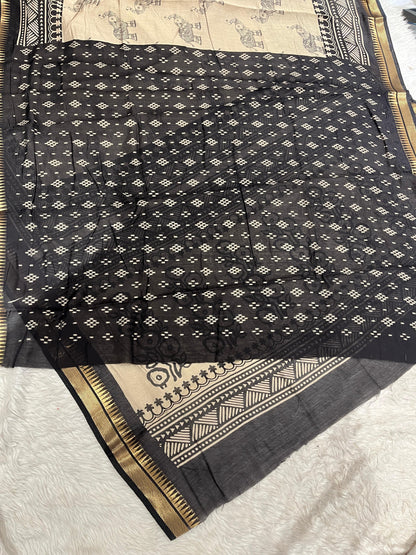Black & Handloom Saree with Elephant & Floral Print