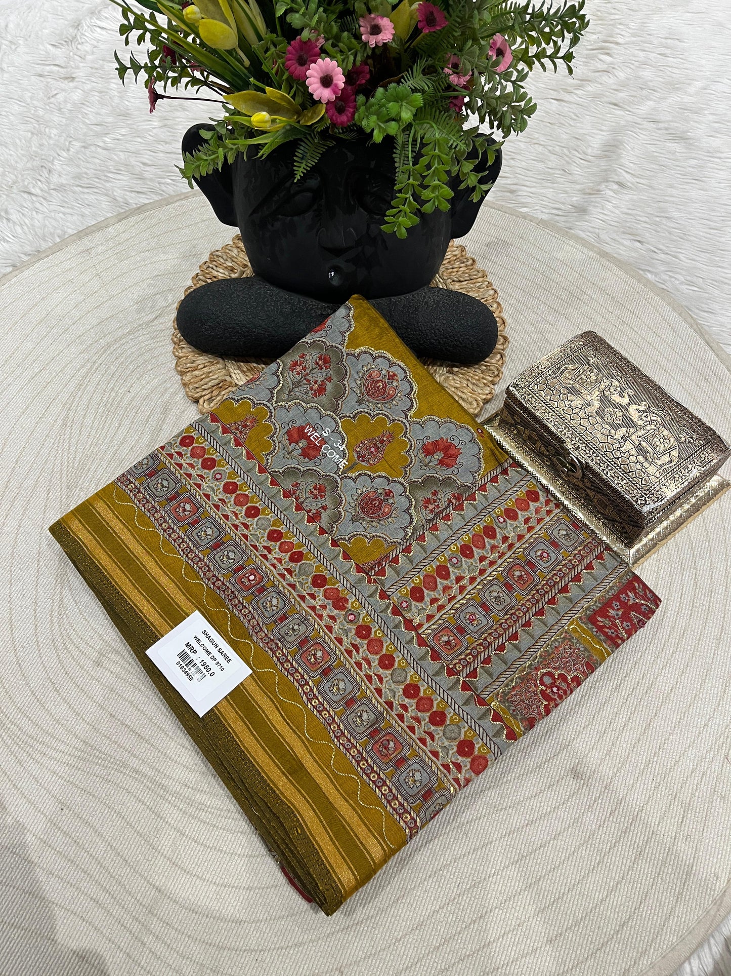 Elegant Beige Printed Saree with Colorful Pallu & Tassels