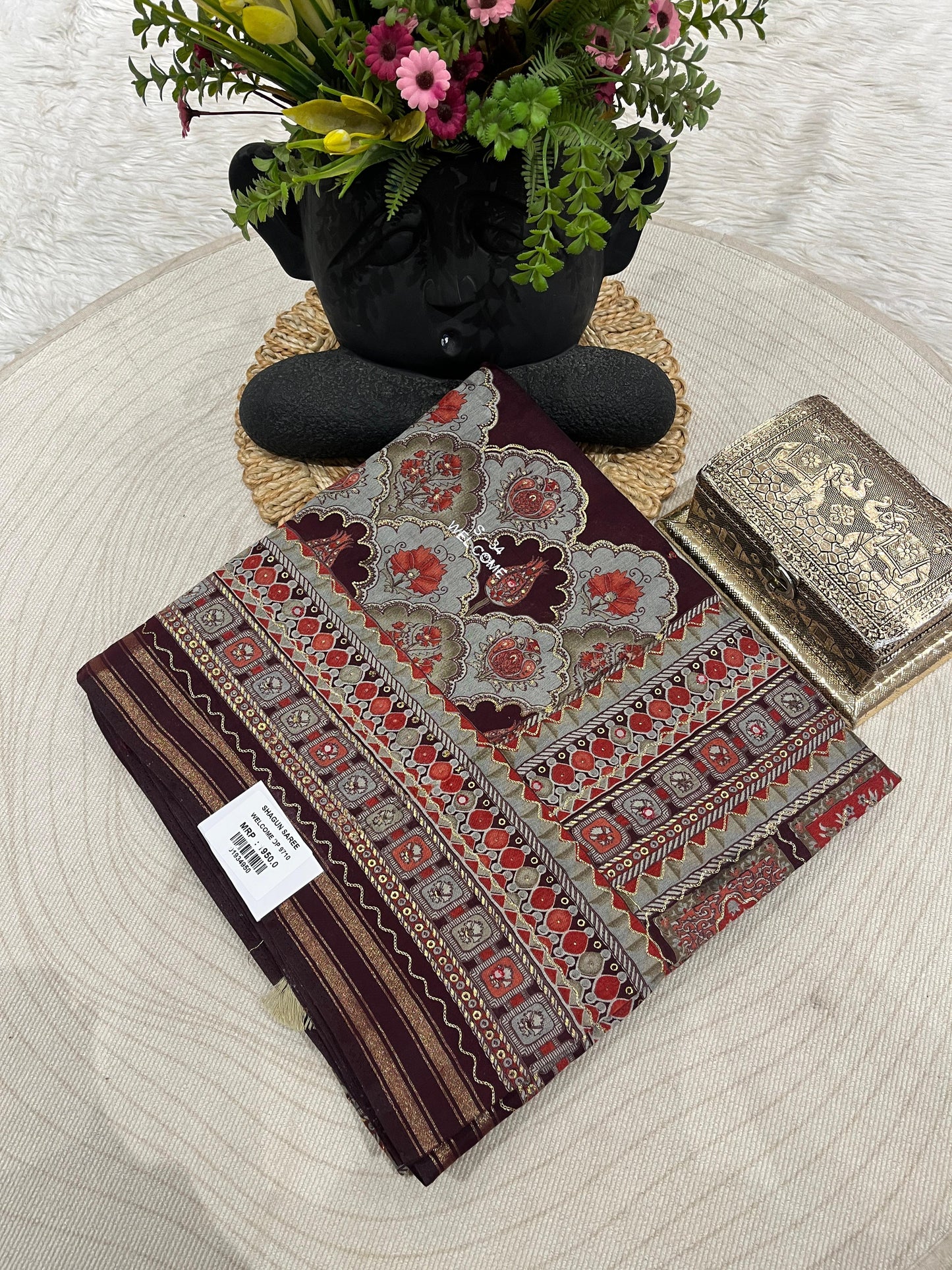 Elegant Beige Printed Saree with Colorful Pallu & Tassels