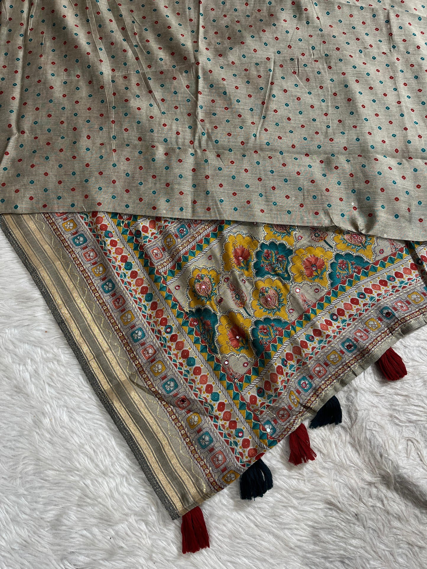 Elegant Beige Printed Saree with Colorful Pallu & Tassels