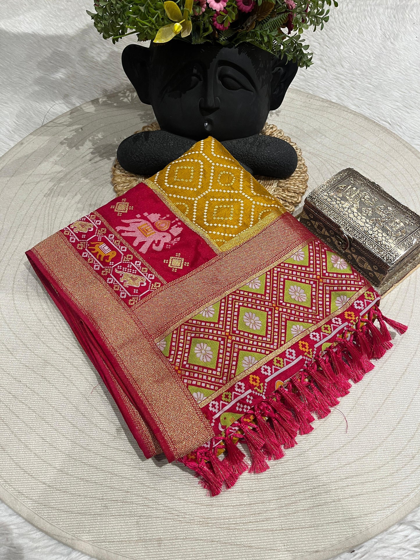 Patola Silk Saree with Golden Zari & Elephant Motifs