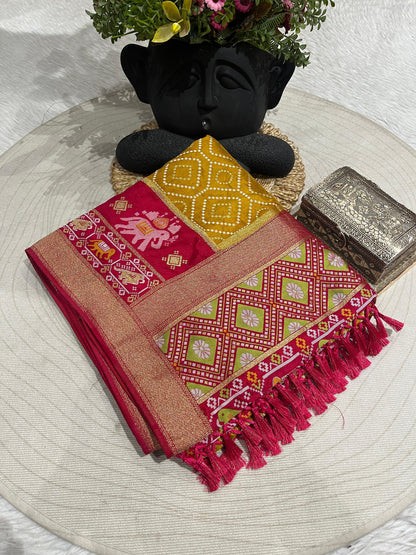 Patola Silk Saree with Golden Zari & Elephant Motifs