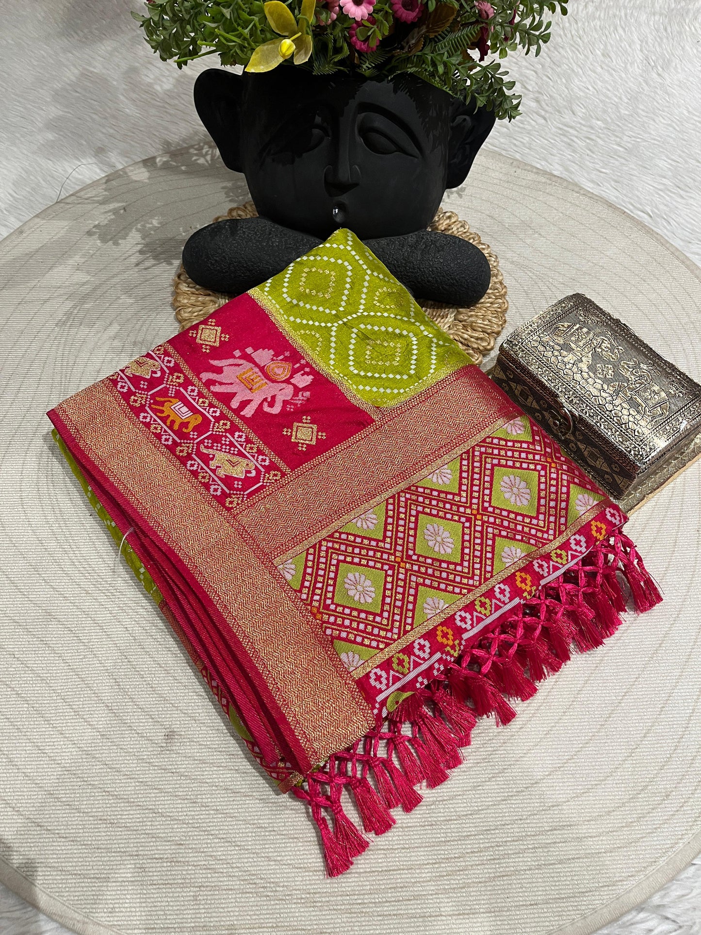 Patola Silk Saree with Golden Zari & Elephant Motifs