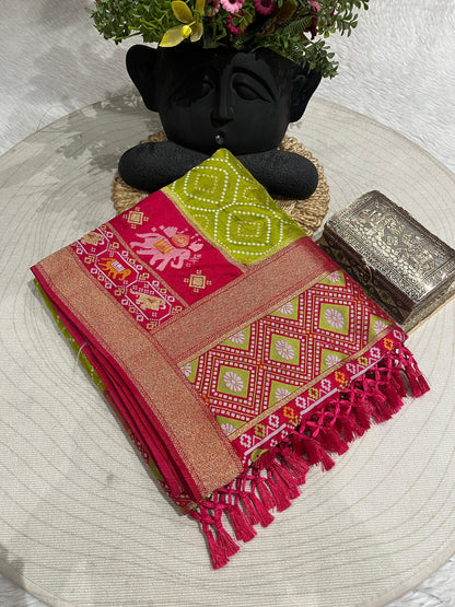 Patola Silk Saree with Golden Zari & Elephant Motifs