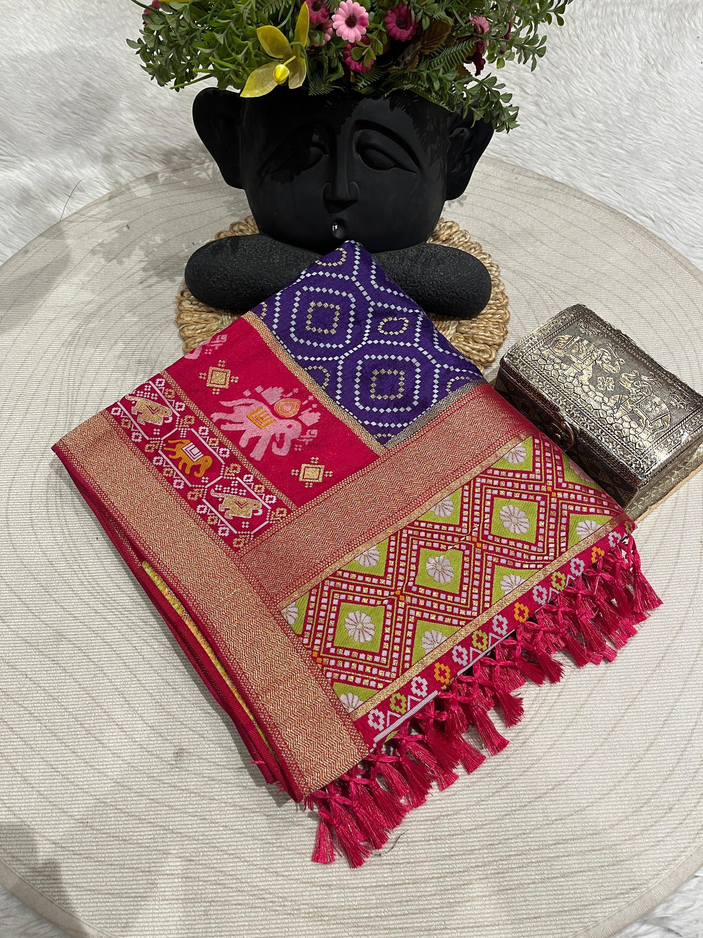 Patola Silk Saree with Golden Zari & Elephant Motifs