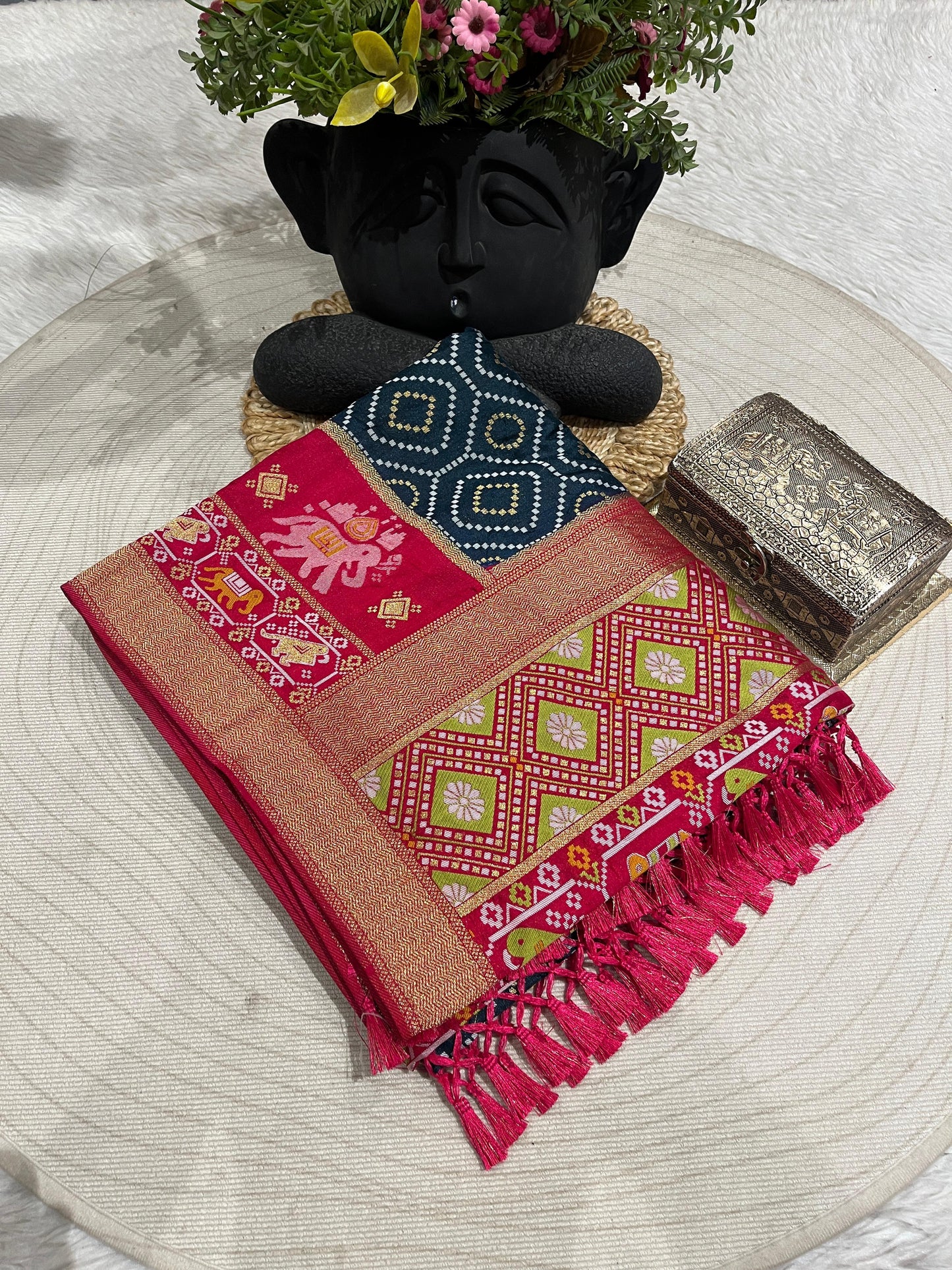 Patola Silk Saree with Golden Zari & Elephant Motifs