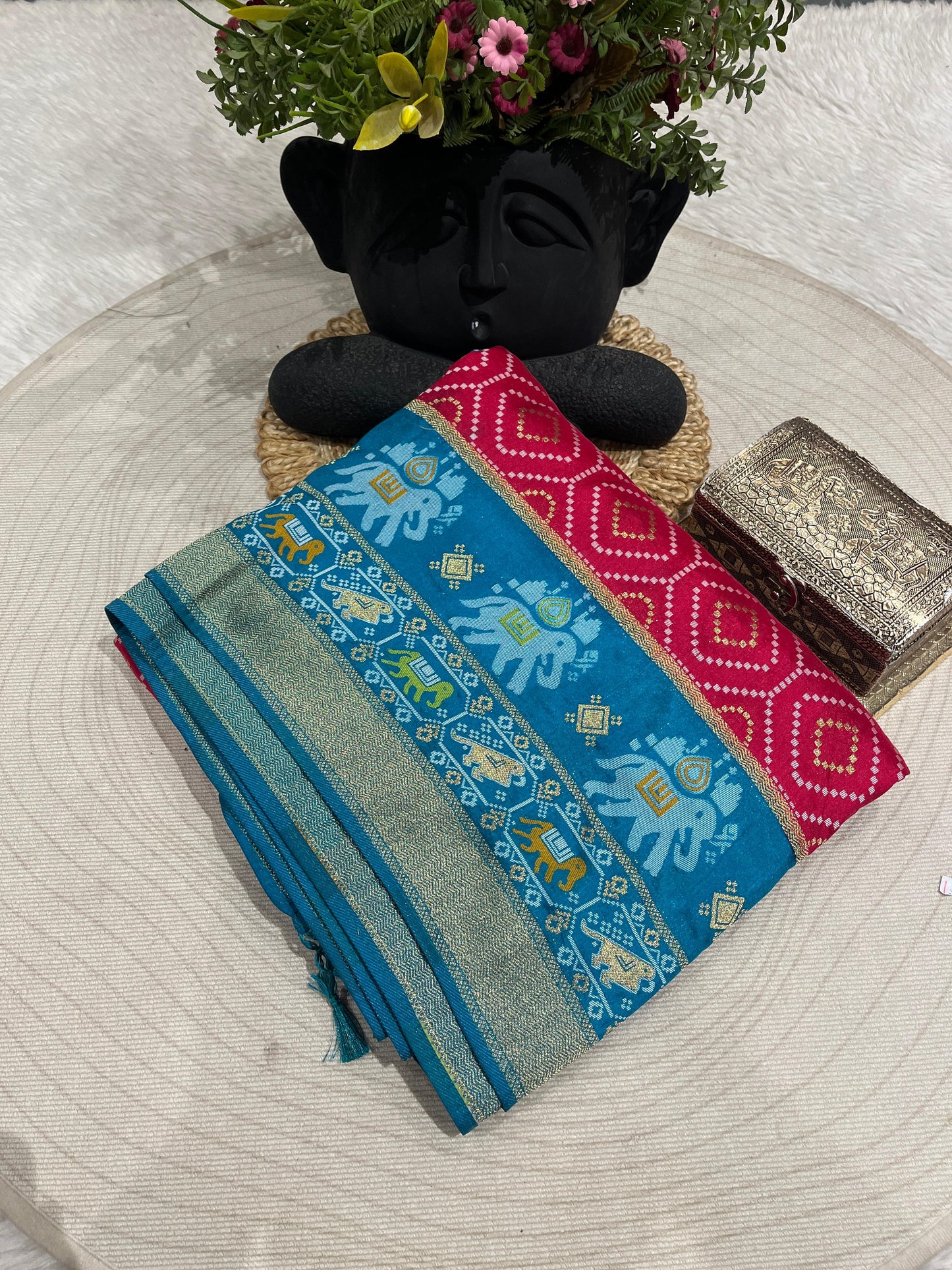Patola Silk Saree with Golden Zari & Elephant Motifs