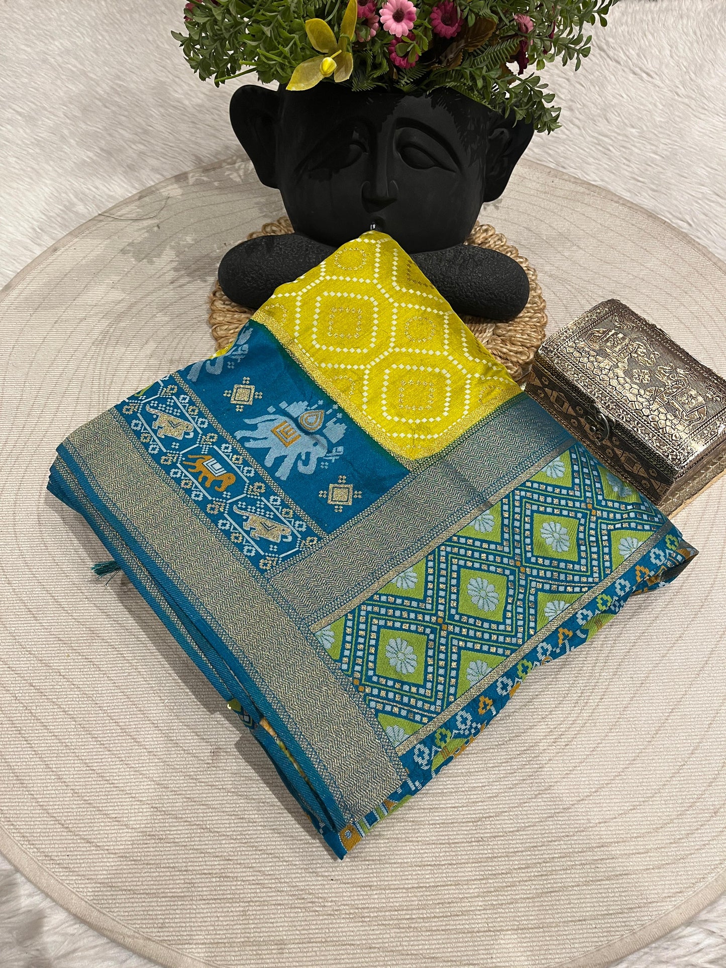 Patola Silk Saree with Golden Zari & Elephant Motifs