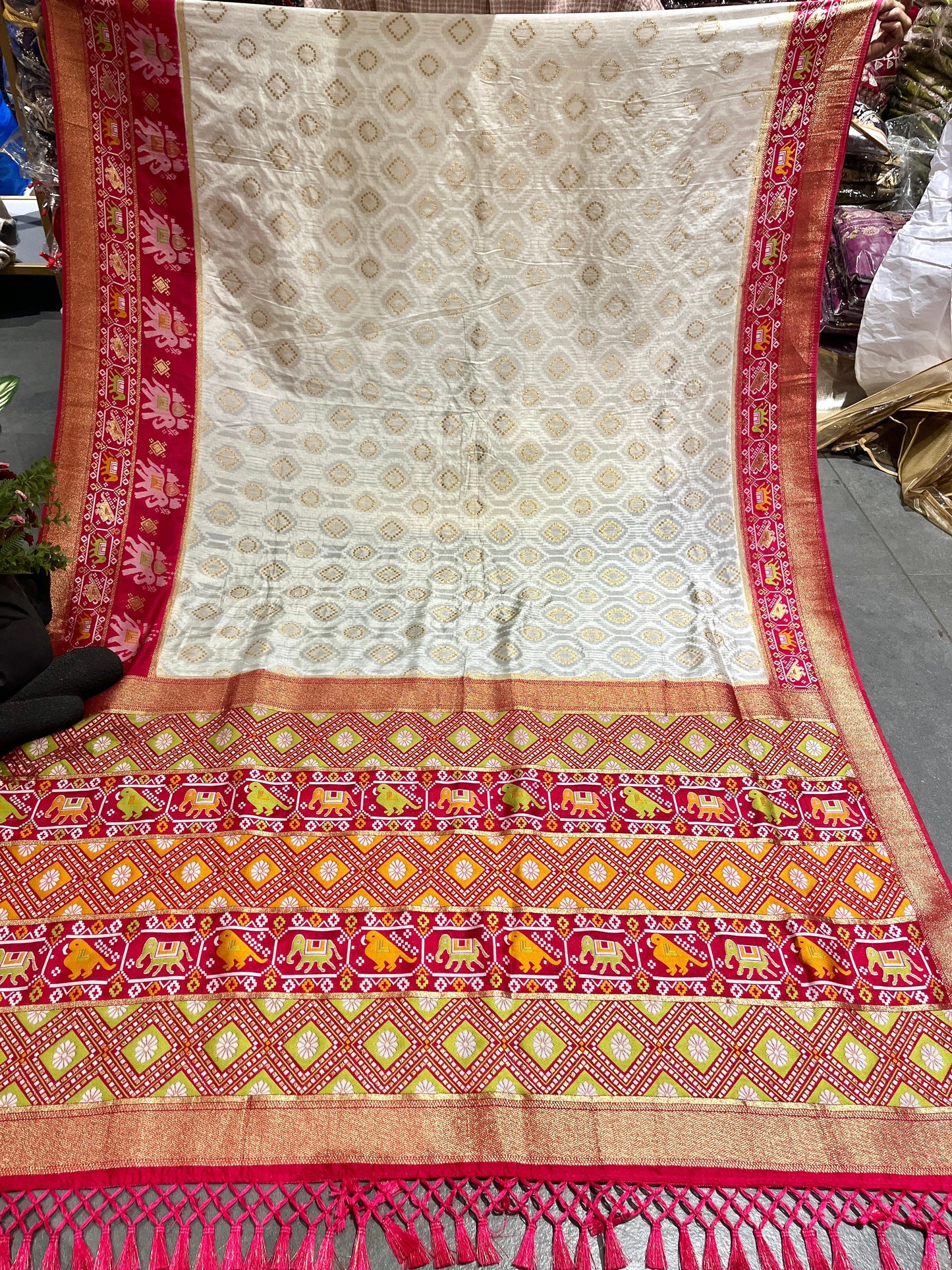 Patola Silk Saree with Golden Zari & Elephant Motifs
