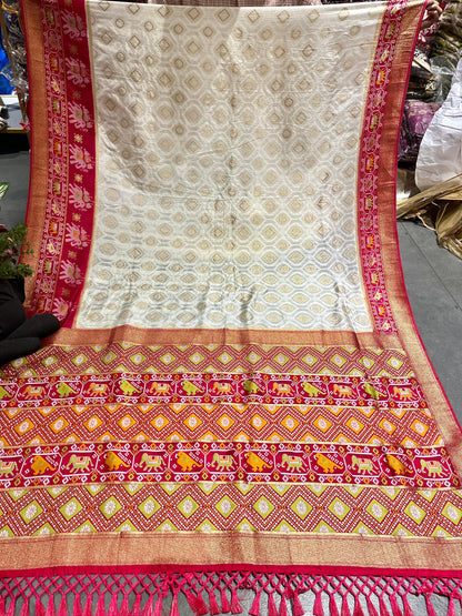 Patola Silk Saree with Golden Zari & Elephant Motifs