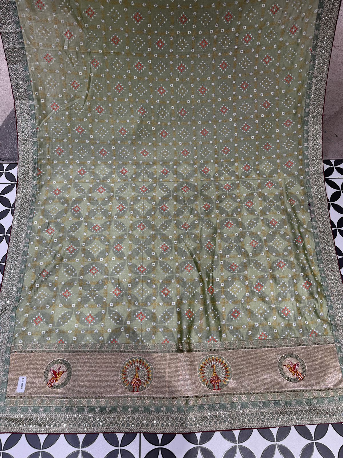 Bandhani Saree with Jarkan Work & Peacock Pallu