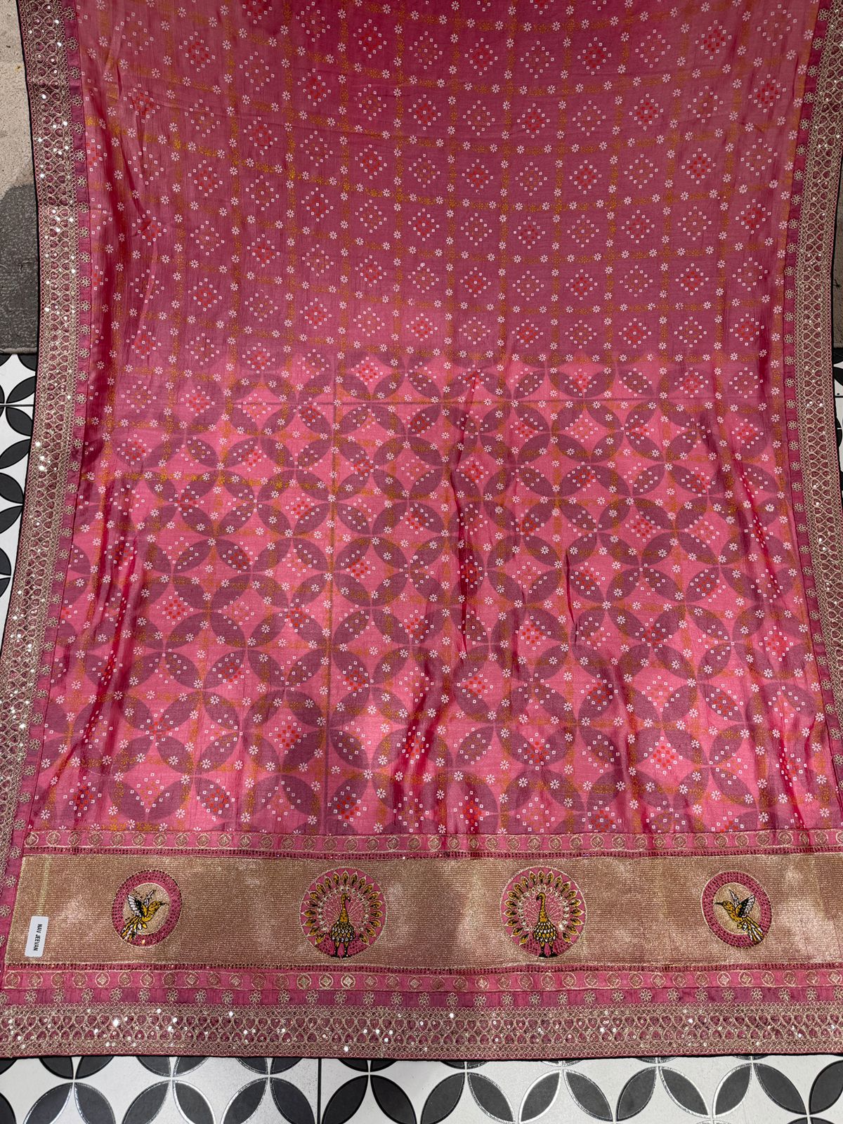 Bandhani Saree with Jarkan Work & Peacock Pallu