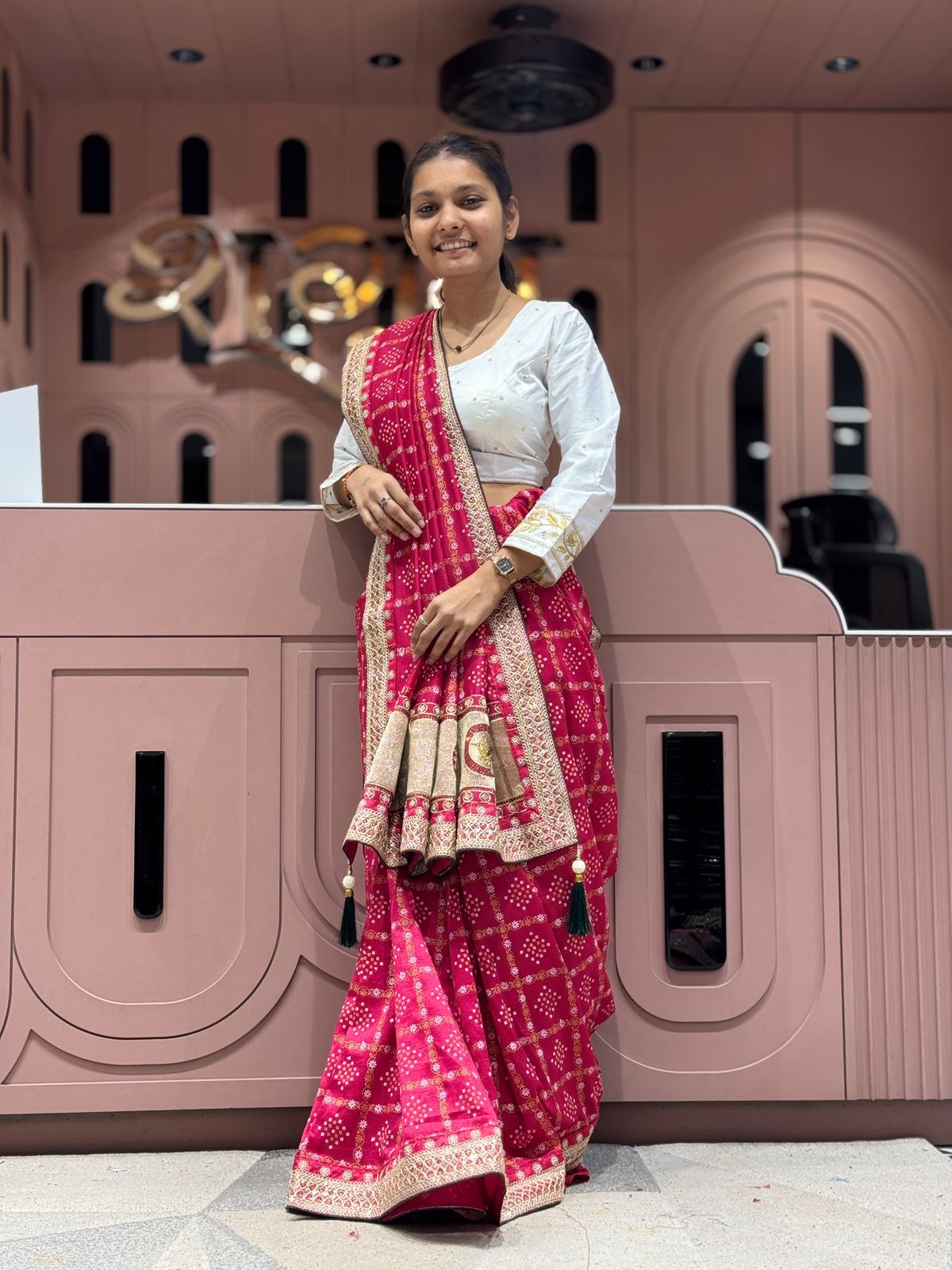 Bandhani Saree with Jarkan Work & Peacock Pallu