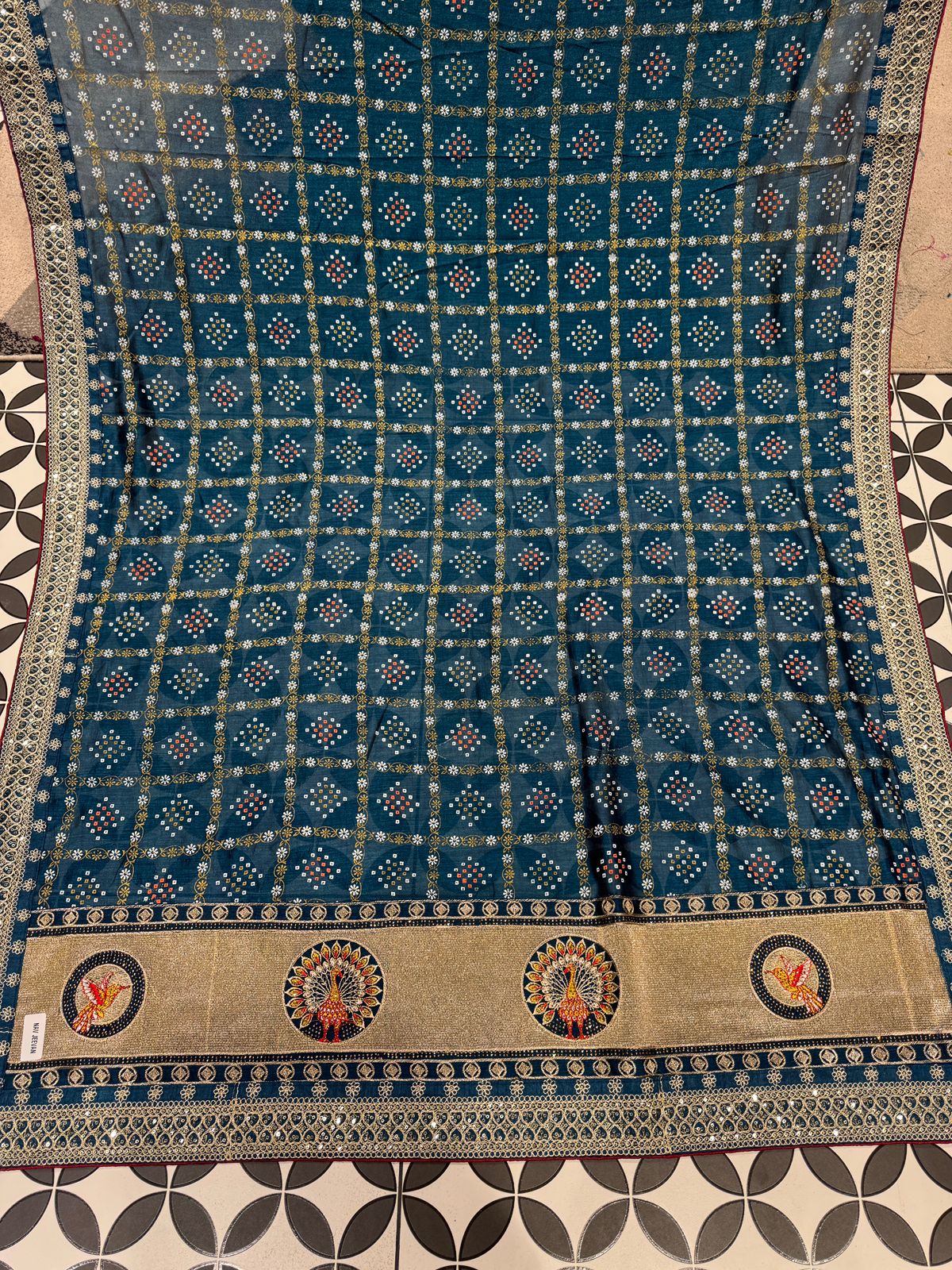 Bandhani Saree with Jarkan Work & Peacock Pallu