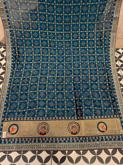 Bandhani Saree with Jarkan Work & Peacock Pallu