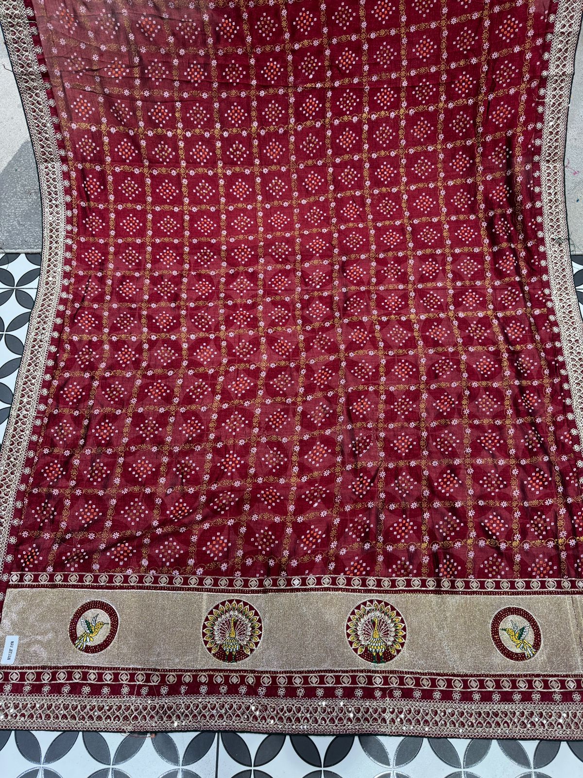 Bandhani Saree with Jarkan Work & Peacock Pallu