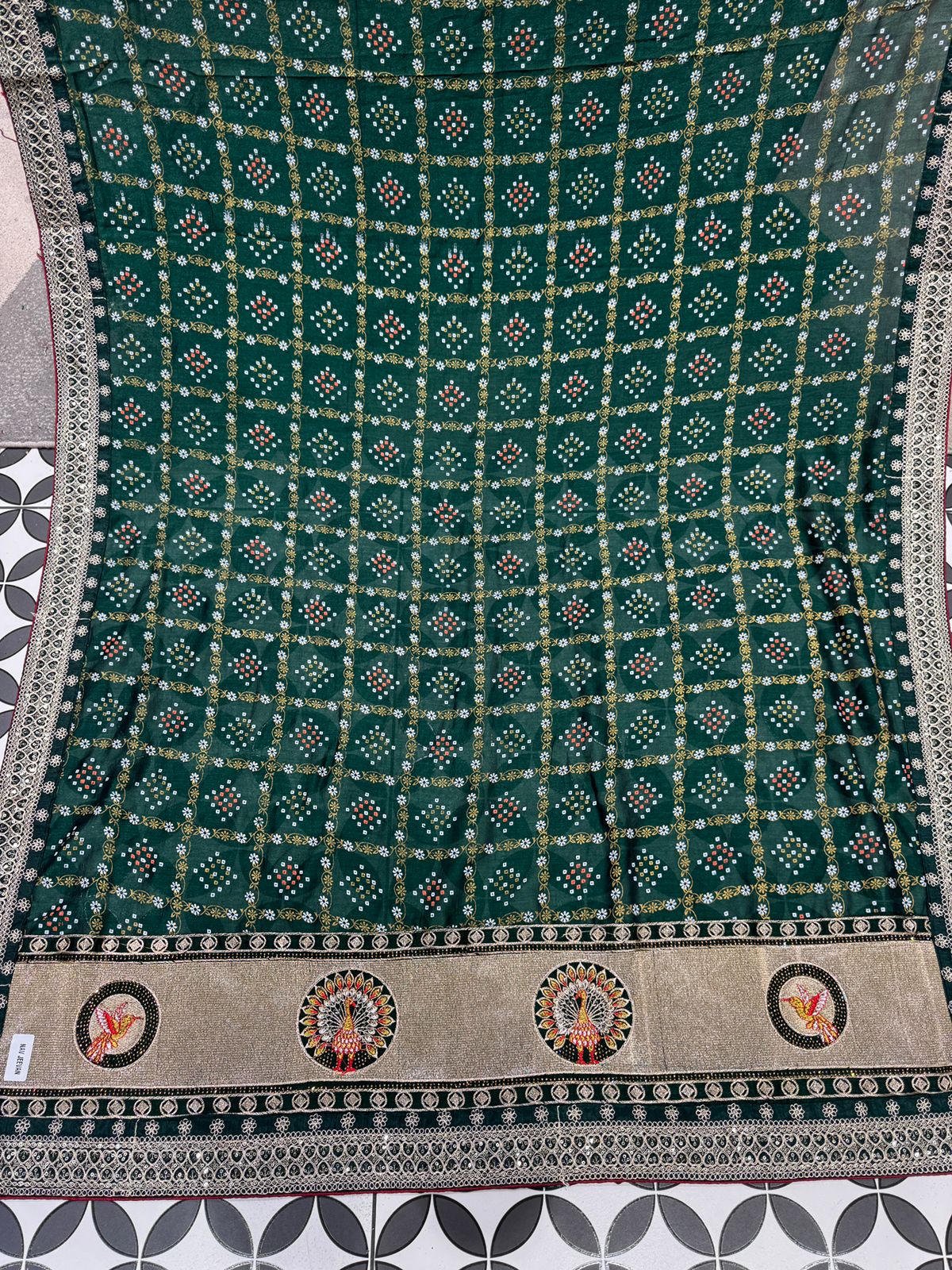 Bandhani Saree with Jarkan Work & Peacock Pallu