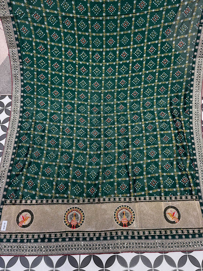 Bandhani Saree with Jarkan Work & Peacock Pallu