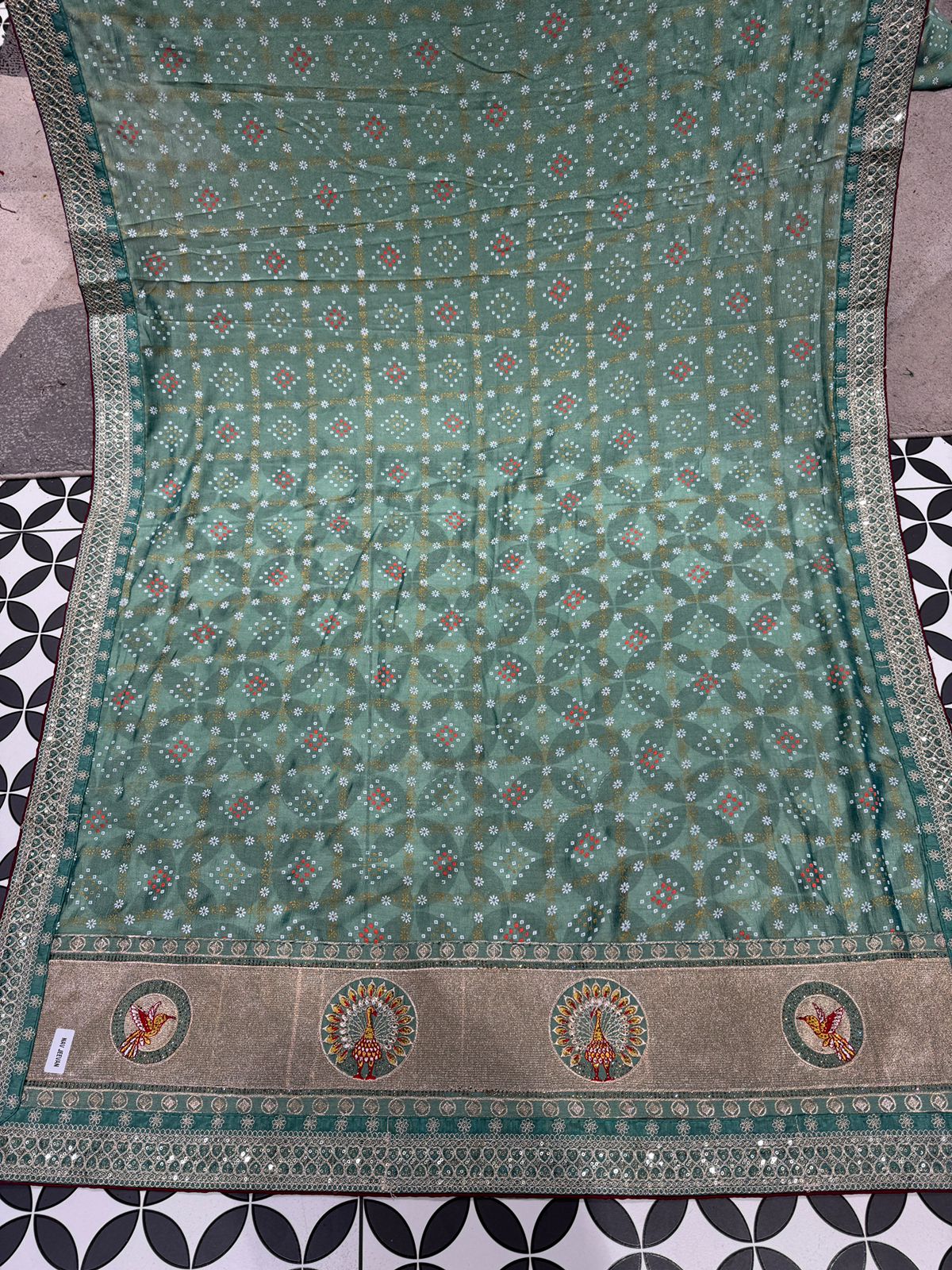 Bandhani Saree with Jarkan Work & Peacock Pallu